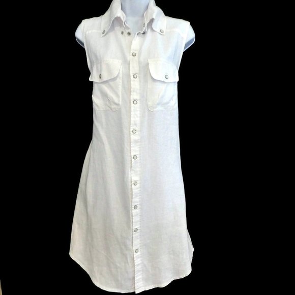 Pete & Greta Shift Shirt Dress White 100 Linen Snap Removable Collar S - Picture 1 of 9